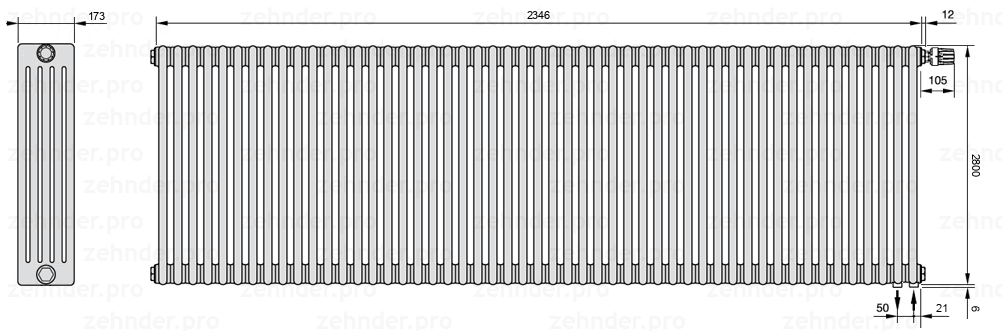 Схема (чертеж) Радиатор Zehnder Charleston 5280/51 №V002 Белый глянцевый RAL 9016